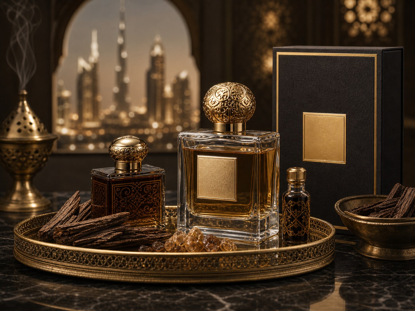 Luxury Dubai fragrance still life with perfume bottles, oud wood, resin and a gold tray