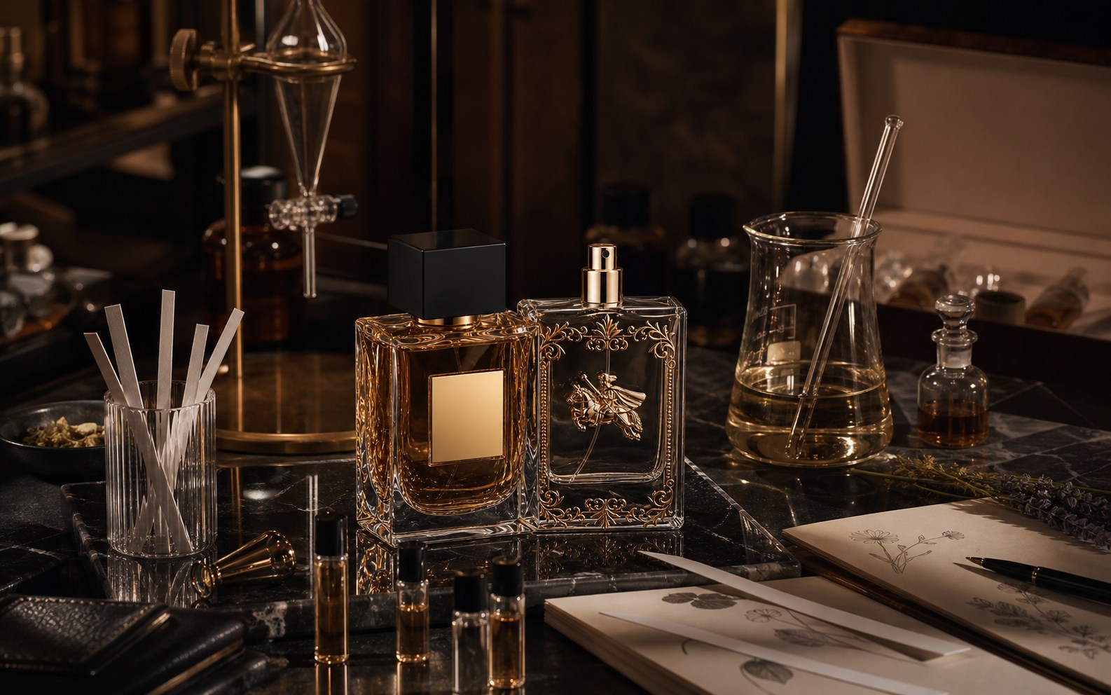 European fragrance atelier with premium bottles, sample vials and scent development tools