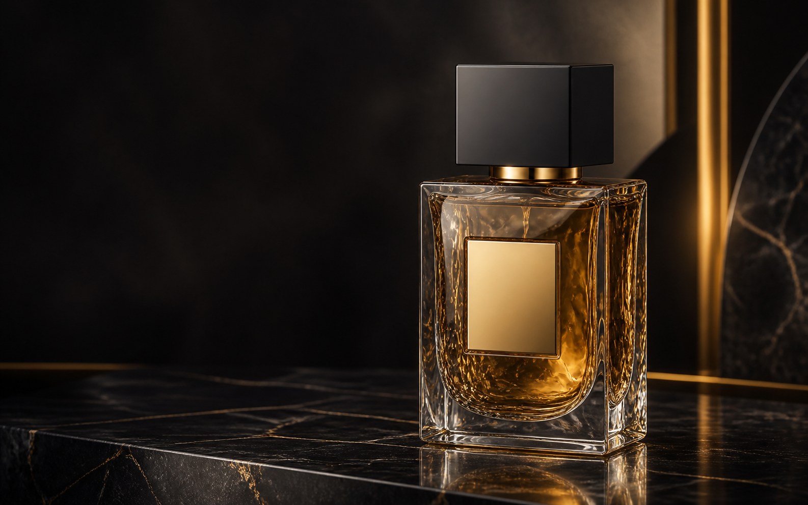 Premium amber fragrance bottle displayed on black marble with gold detailing
